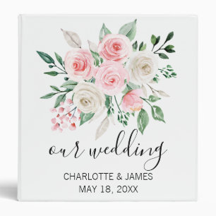 Watercolor Pink Roses Wedding 3 Ring Binder