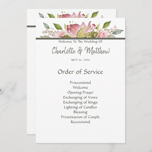 Watercolor Pink Roses Wedding Ceremony Program  (Front/Back)