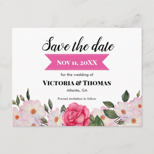 Watercolor Pink Roses Wedding Save The Date Announcement Postcard