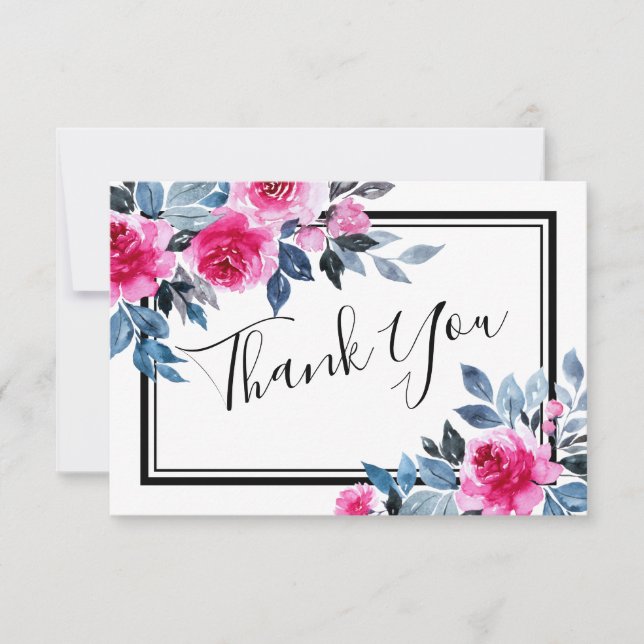 Watercolor Pink Roses Wedding Thank You  Card (Front)