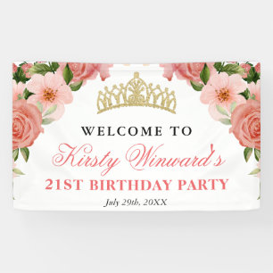 Watercolor Pink Roses Welcome Birthday Party Banner