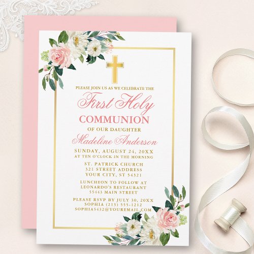 Watercolor Pink Roses White Floral First Communion Invitation