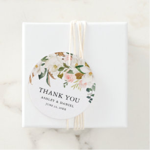 Watercolor Pink Roses White Magnolias Wedding Favor Tags