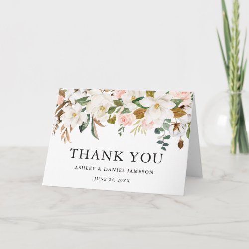 Watercolor Pink Roses White Magnolias Wedding Fold Thank You Card