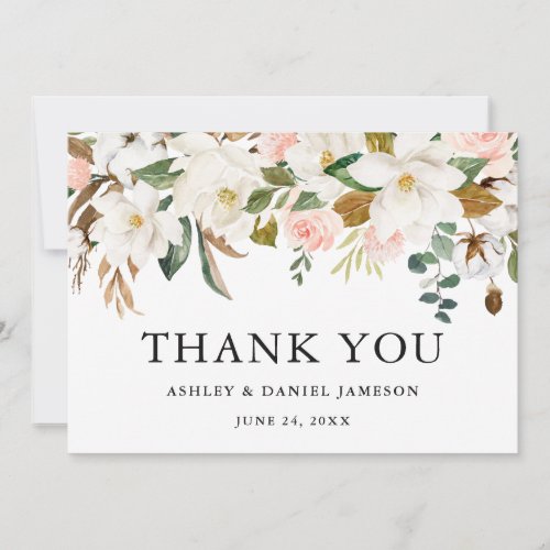 Watercolor Pink Roses White Magnolias Wedding Thank You Card