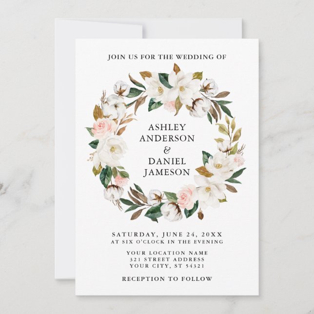 Watercolor Pink Roses White Magnolias Wreath Invitation (Front)