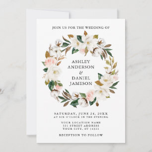 Watercolor Pink Roses White Magnolias Wreath Invitation