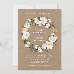 Watercolor Pink Roses White Magnolias Wreath Kraft Invitation