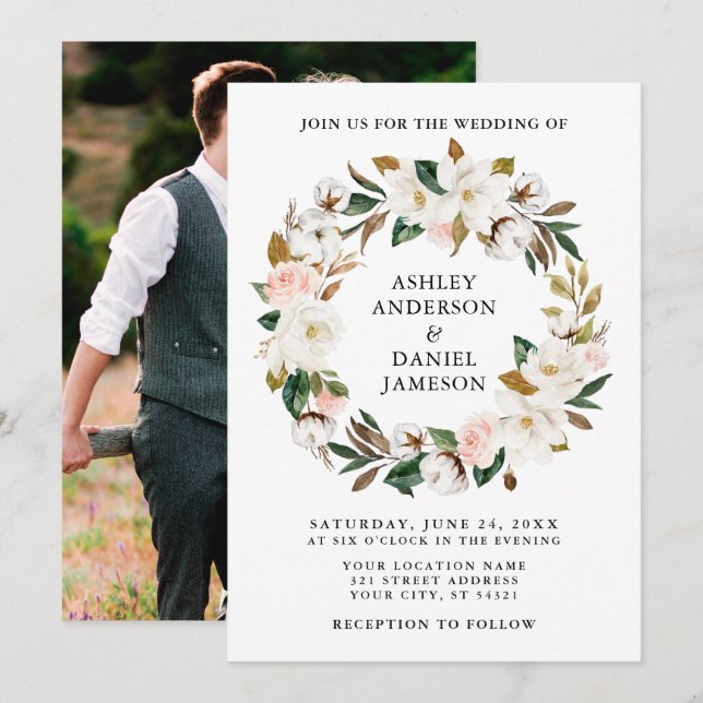 Watercolor Pink Roses White Magnolias Wreath Photo Invitation (Front/Back)