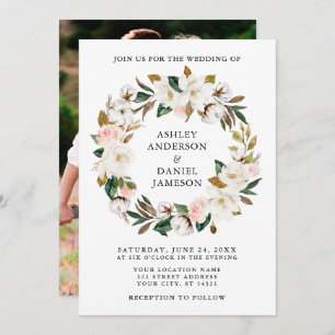 Watercolor Pink Roses White Magnolias Wreath Photo Invitation