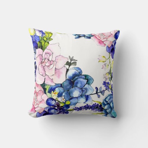 Watercolor Pink Roses with Blue Flowers Throw Pillow