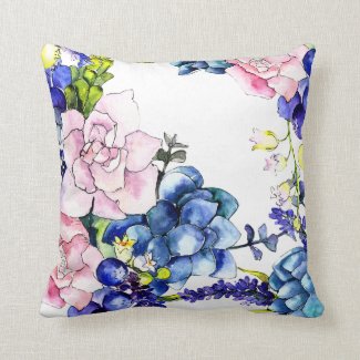 Watercolor Pink Roses with Blue Flowers Throw Pillow