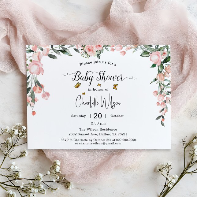 Watercolor Pink Roses with Butterflies Baby Shower Invitation (Creator Uploaded)