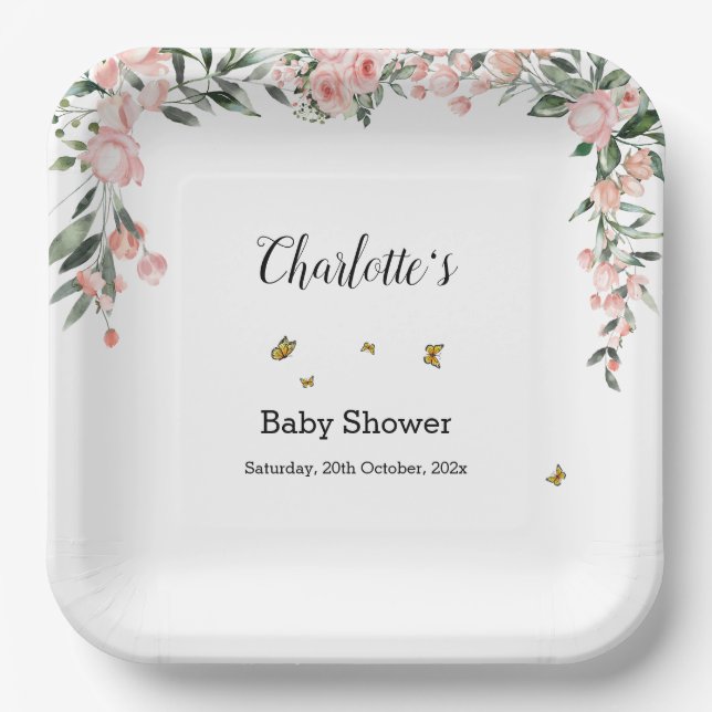 Watercolor Pink Roses with Butterflies Baby Shower Paper Plates (Front)
