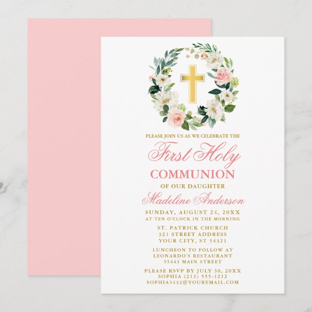 Watercolor Pink Roses Wreath First Communion Gold Invitation (Front/Back)