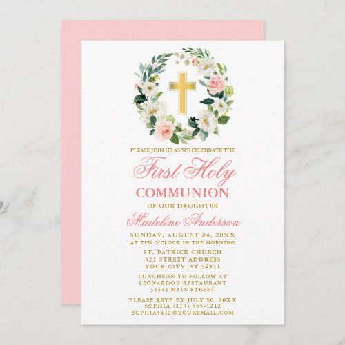 Watercolor Pink Roses Wreath First Communion Gold Invitation
