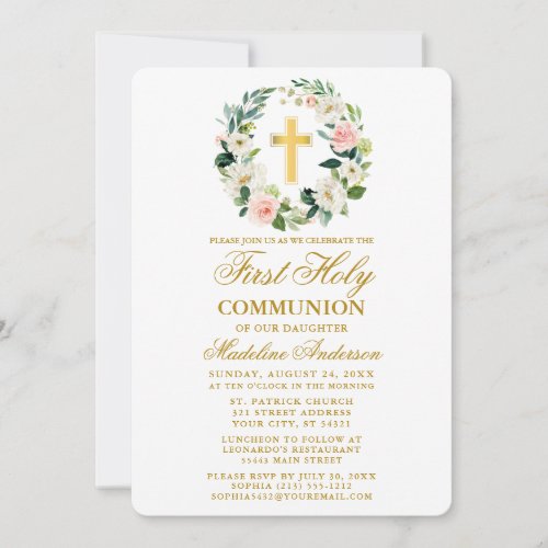 Watercolor Pink Roses Wreath Gold First Communion Invitation
