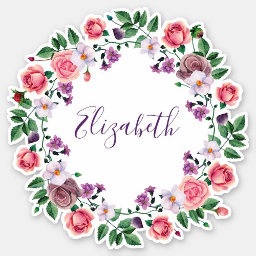 Watercolor pink roses wreath Purple floral name Sticker