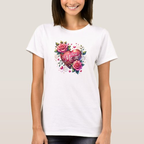 Watercolor pink roses wreath red heart Best Mom T_Shirt