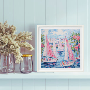 Watercolor Pink Sailboats Tropical Coastal Peel And Stick Photo Tile