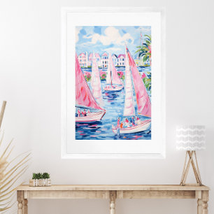 Watercolor Pink Sailboats Tropical Coastal Poster