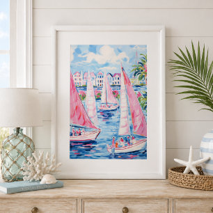Watercolor Pink Sailboats Tropical Coastal Wall Poster