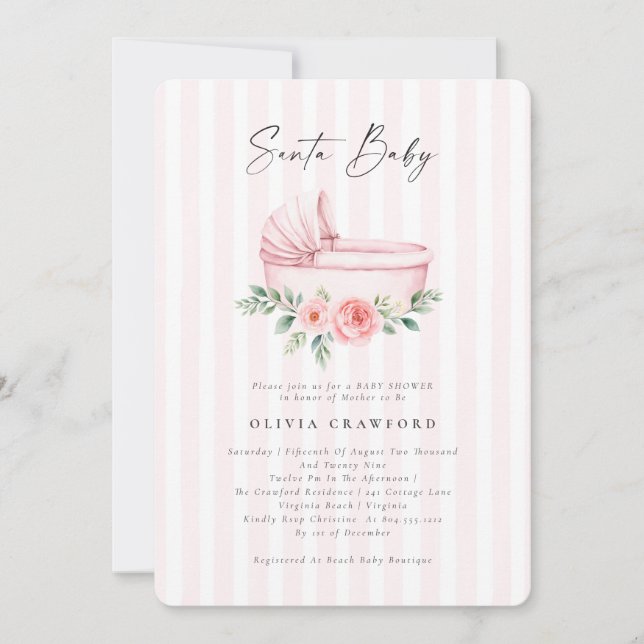 Watercolor Pink Santa Baby Christmas Baby Shower  Invitation (Front)