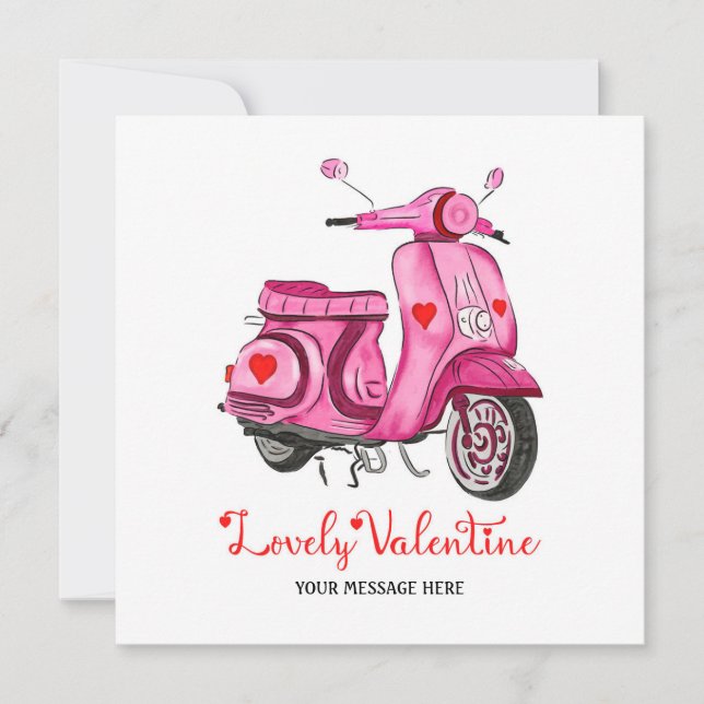 Watercolor Pink Scooter Valentine's Day Greeting Card (Front)