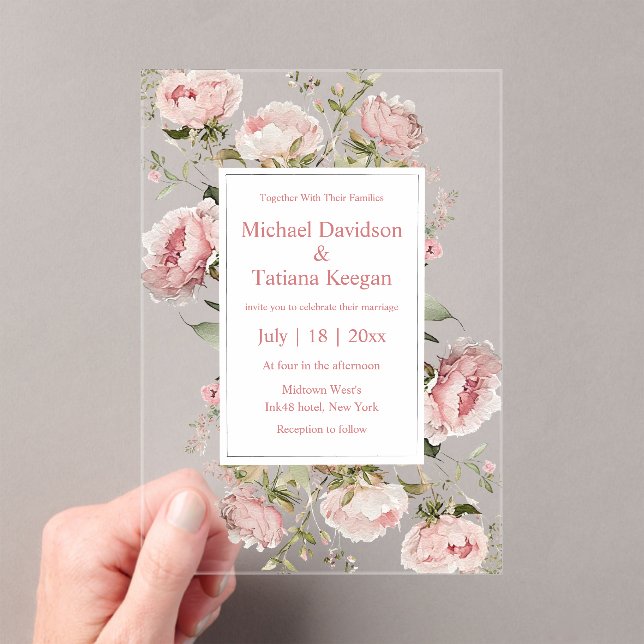 watercolor pink script floral bloom wedding  acrylic invitations (Insitu (Handheld))