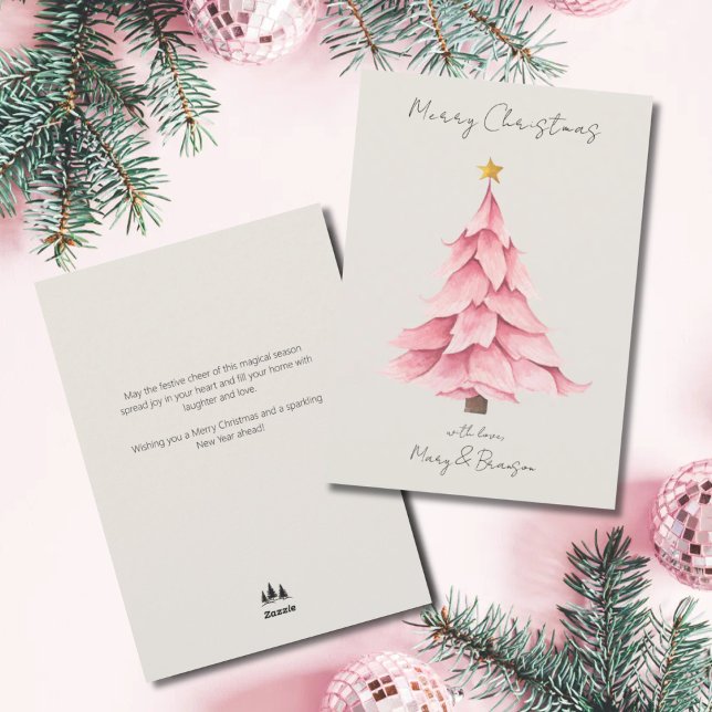 Watercolor Pink Script Non Photo Christmas Tree Holiday Card (Vintage Modern Watercolor Pink Christmas Tree Card)