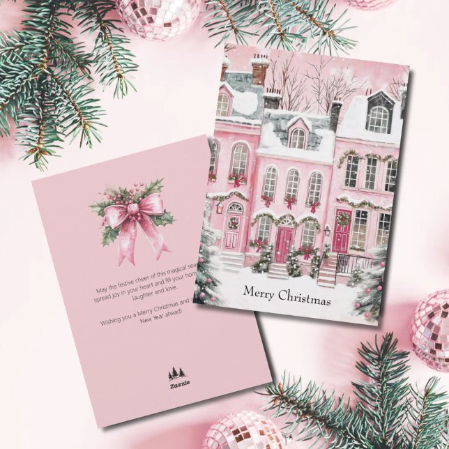 Watercolor Pink Script Village Non Photo Christmas Holiday Card (Christmas Pink Snowy Village Elegant Script)