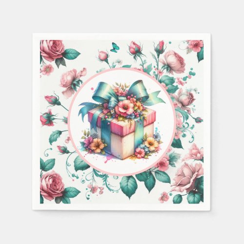 Watercolor Pink Shabby Chic Floral Birthday  Napkins