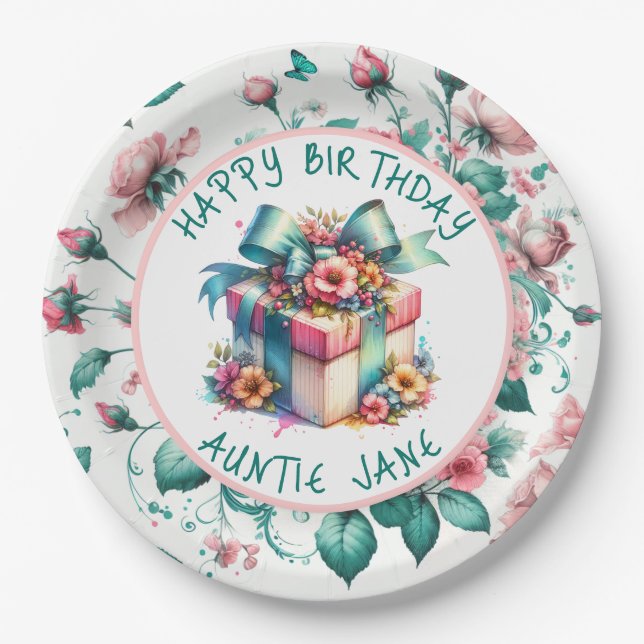 Watercolor Pink Shabby Chic Floral Personalized Paper Plates (Front)