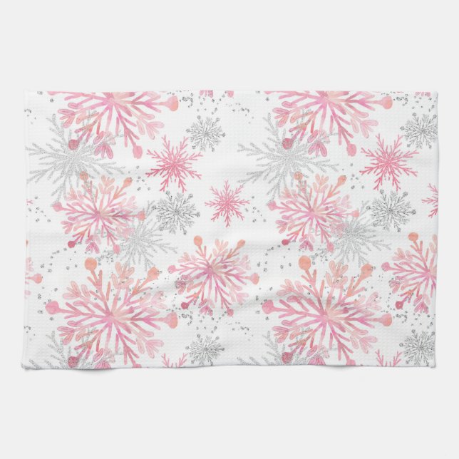 Watercolor Pink & Silver Glitter Winter Snowflakes Kitchen Towel (Horizontal)