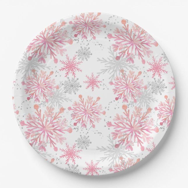 Watercolor Pink & Silver Glitter Winter Snowflakes Paper Plates (Front)