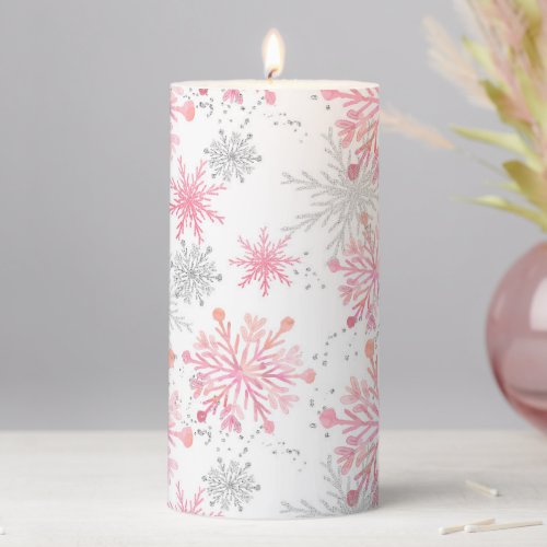 Watercolor Pink  Silver Glitter Winter Snowflakes Pillar Candle