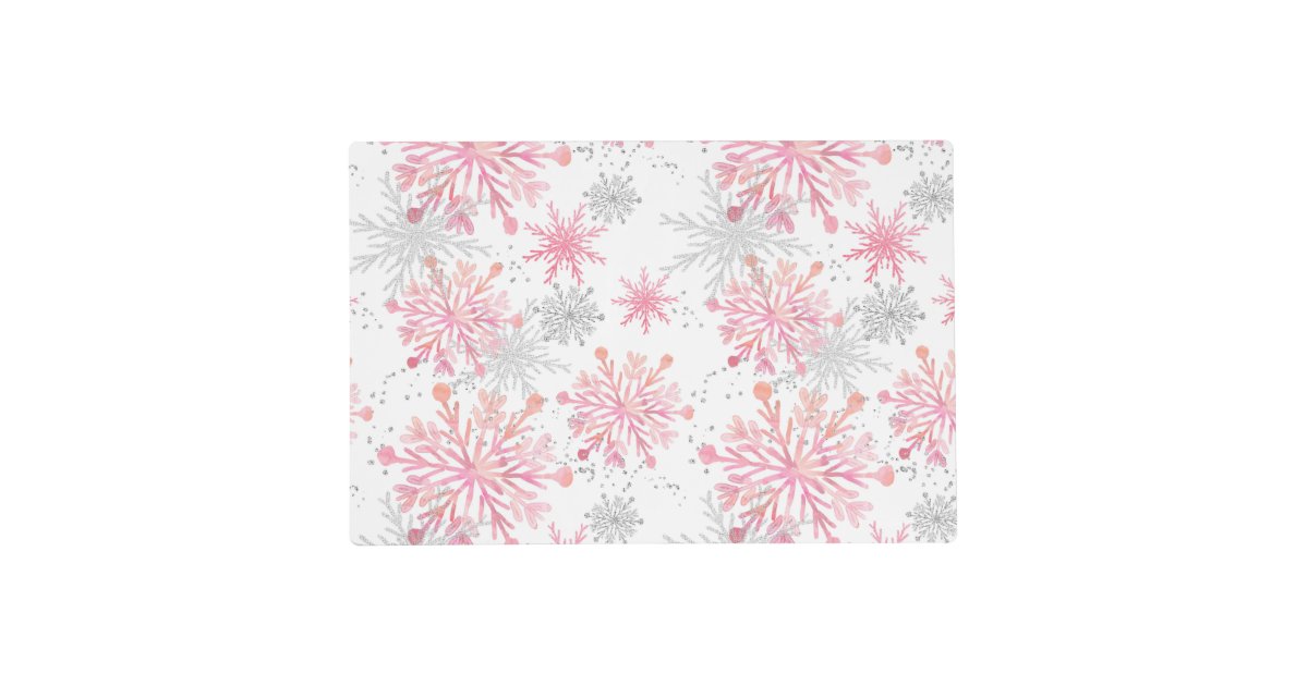 Watercolor Pink & Silver Glitter Winter Snowflakes Placemat Zazzle