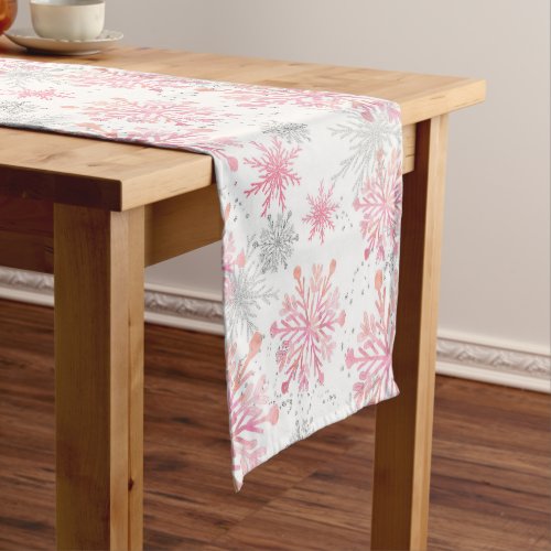 Watercolor Pink  Silver Glitter Winter Snowflakes Short Table Runner