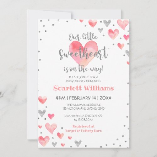 Watercolor Pink Silver Sweetheart Girl Baby Shower Invitation