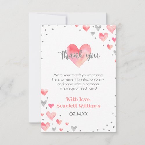 Watercolor Pink Silver Sweetheart Girl Baby Shower Thank You Card
