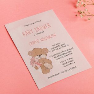Watercolor Pink Simple Teddy Bear Baby Shower Invitation
