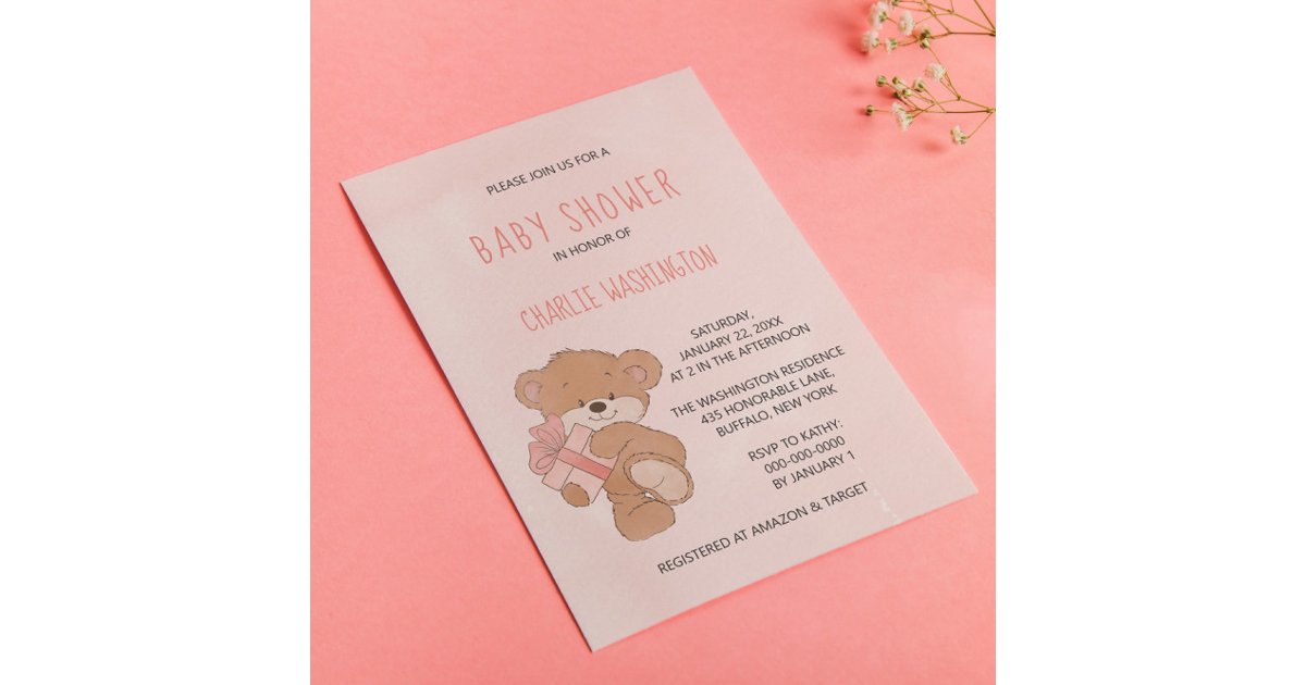 Watercolor Pink Simple Teddy Bear Baby Shower Invitation | Zazzle