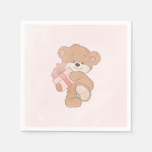 Watercolor Pink Simple Teddy Bear Baby Shower Napkins