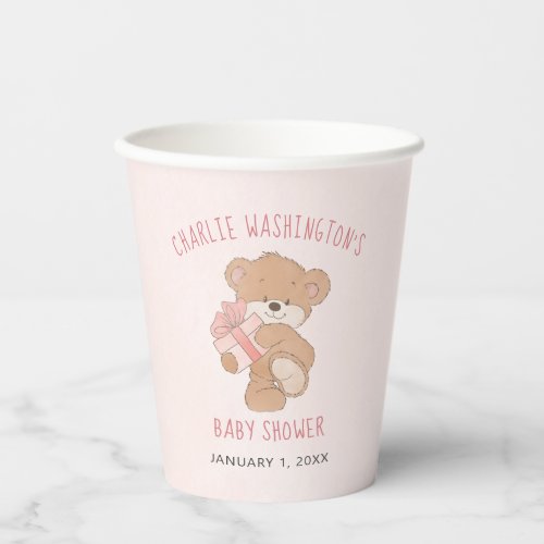 Watercolor Pink Simple Teddy Bear Baby Shower Paper Cups