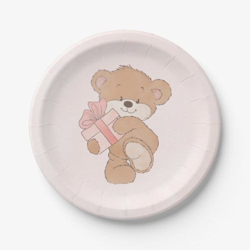 Watercolor Pink Simple Teddy Bear Baby Shower Paper Plates