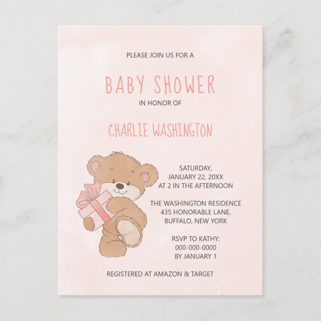 Watercolor Pink Simple Teddy Bear Baby Shower Postcard (Front)