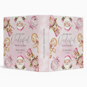 watercolor Pink snow 1st birthday Christmas 3 Ring Binder