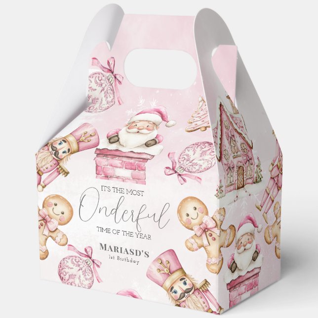 watercolor Pink snow 1st birthday Christmas  Favor Boxes (Back)