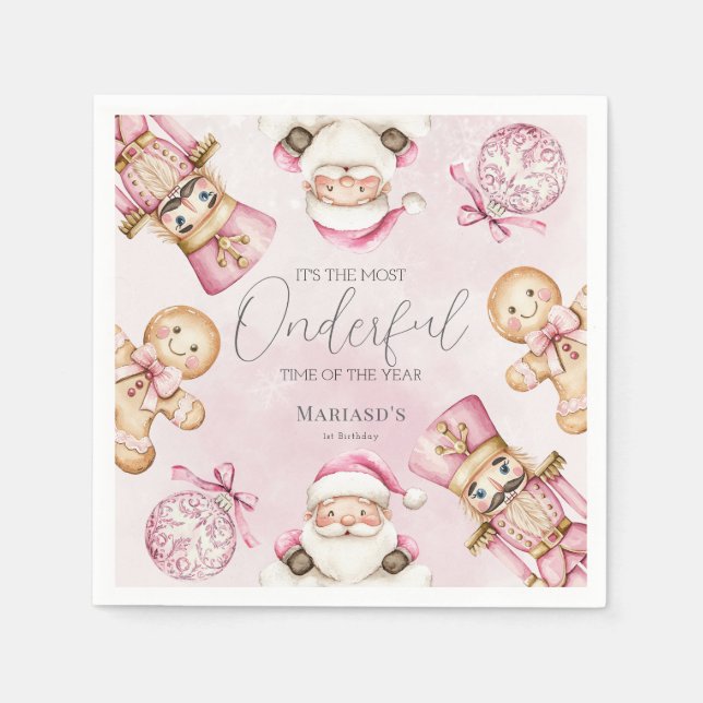 watercolor Pink snow 1st birthday Christmas  Napkins (Front)