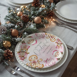 watercolor Pink snow 1st birthday Christmas Paper Plates